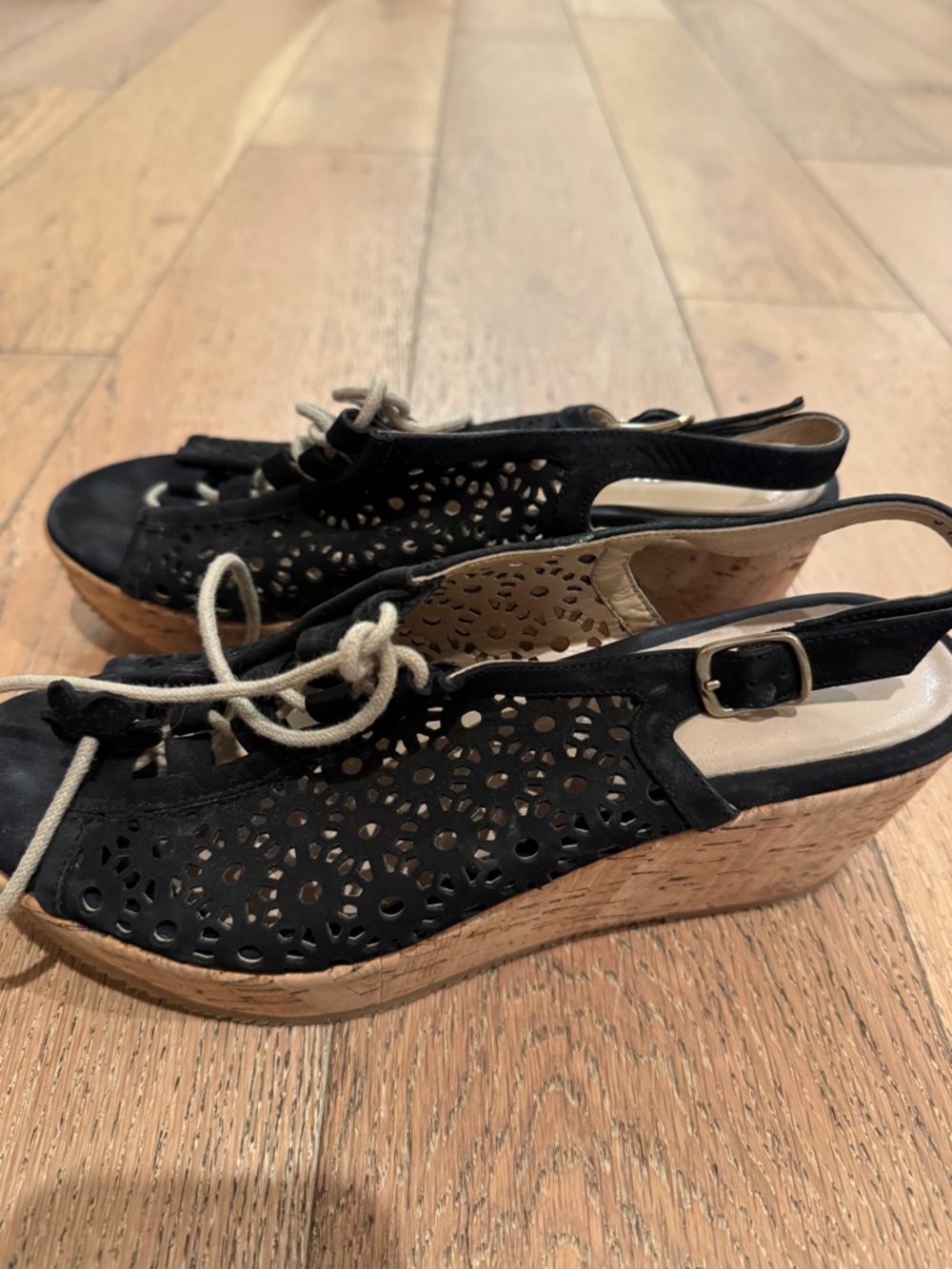 Ron White Lace-Up Black Cork Wedges Size 37.5